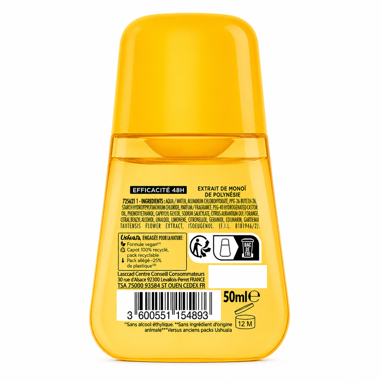 USHUAIA Déodorant bille Anti-humidité Anti-odeur 48h Monoï et Fleur de Tiaré