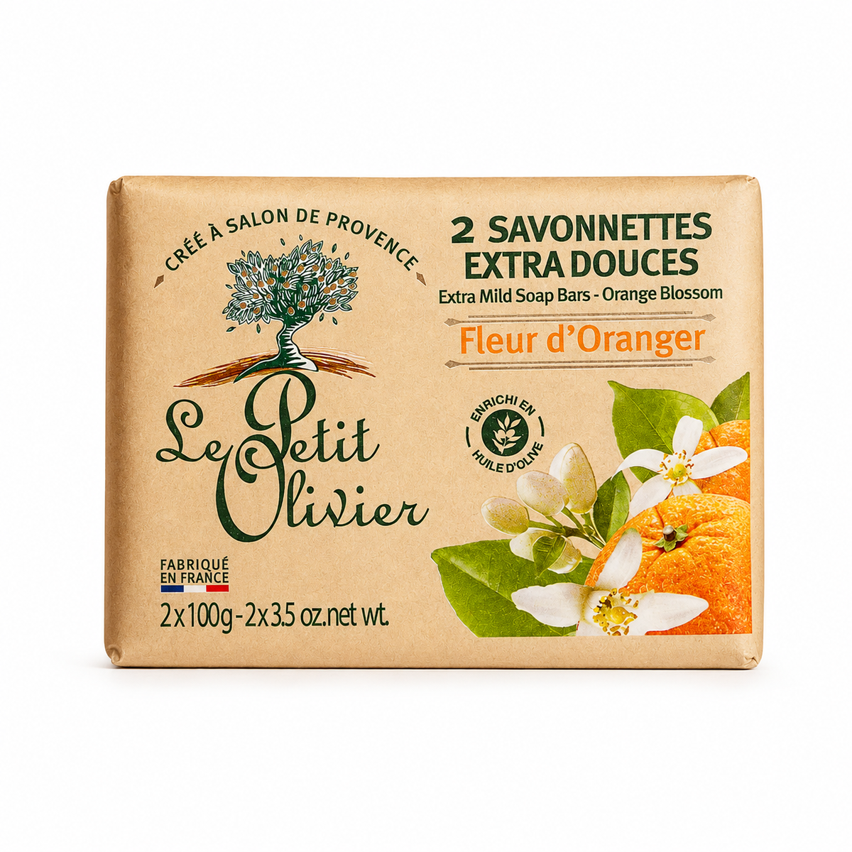 LE PETIT OLIVIER Lot de 2 savonnettes extra douces - parfum fleur d'oranger 200g