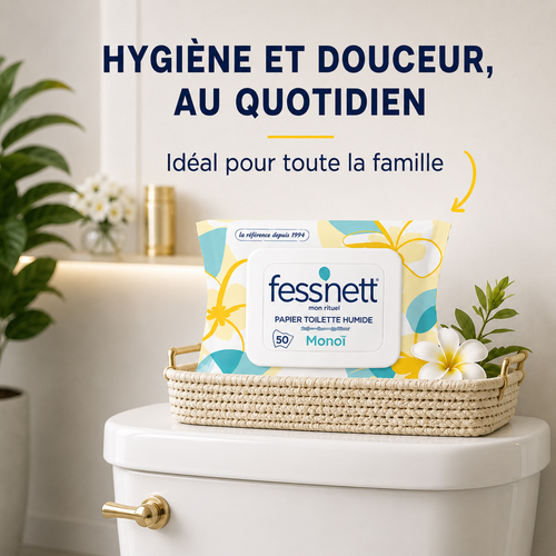 Fess'Nett Papier toilette humide au parfum Monoï jetable dans les toilettes 50 unités