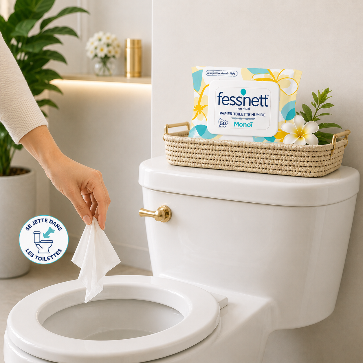 Fess'Nett Papier toilette humide au parfum Monoï , jetable dans les toilettes 50 unités